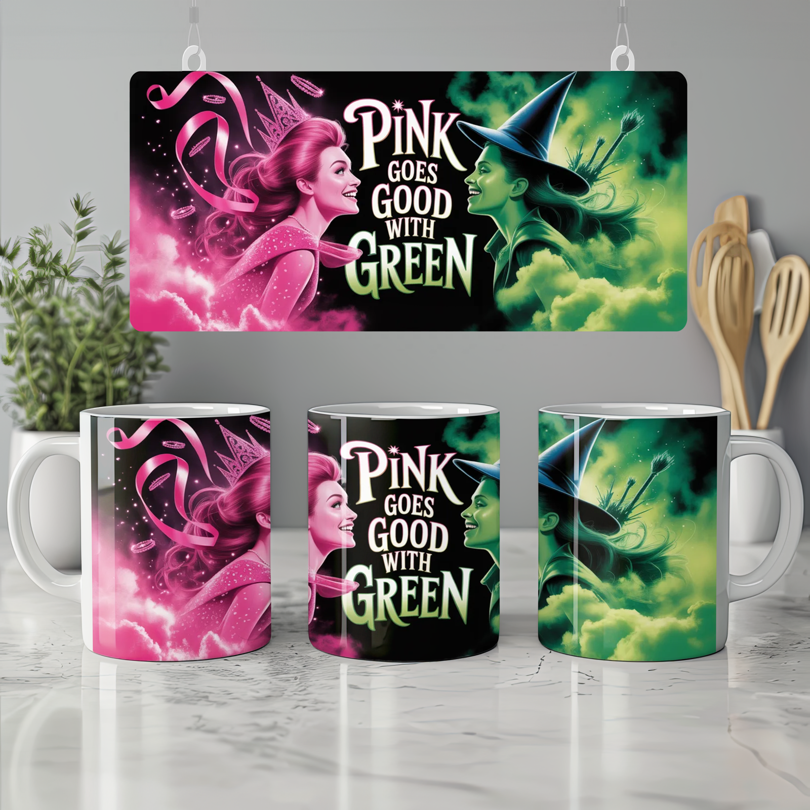 Wicked Mug | Elphaba and Glinda Split Design | Musical Theatre Gift | Pink and Green Theatre Lover Present