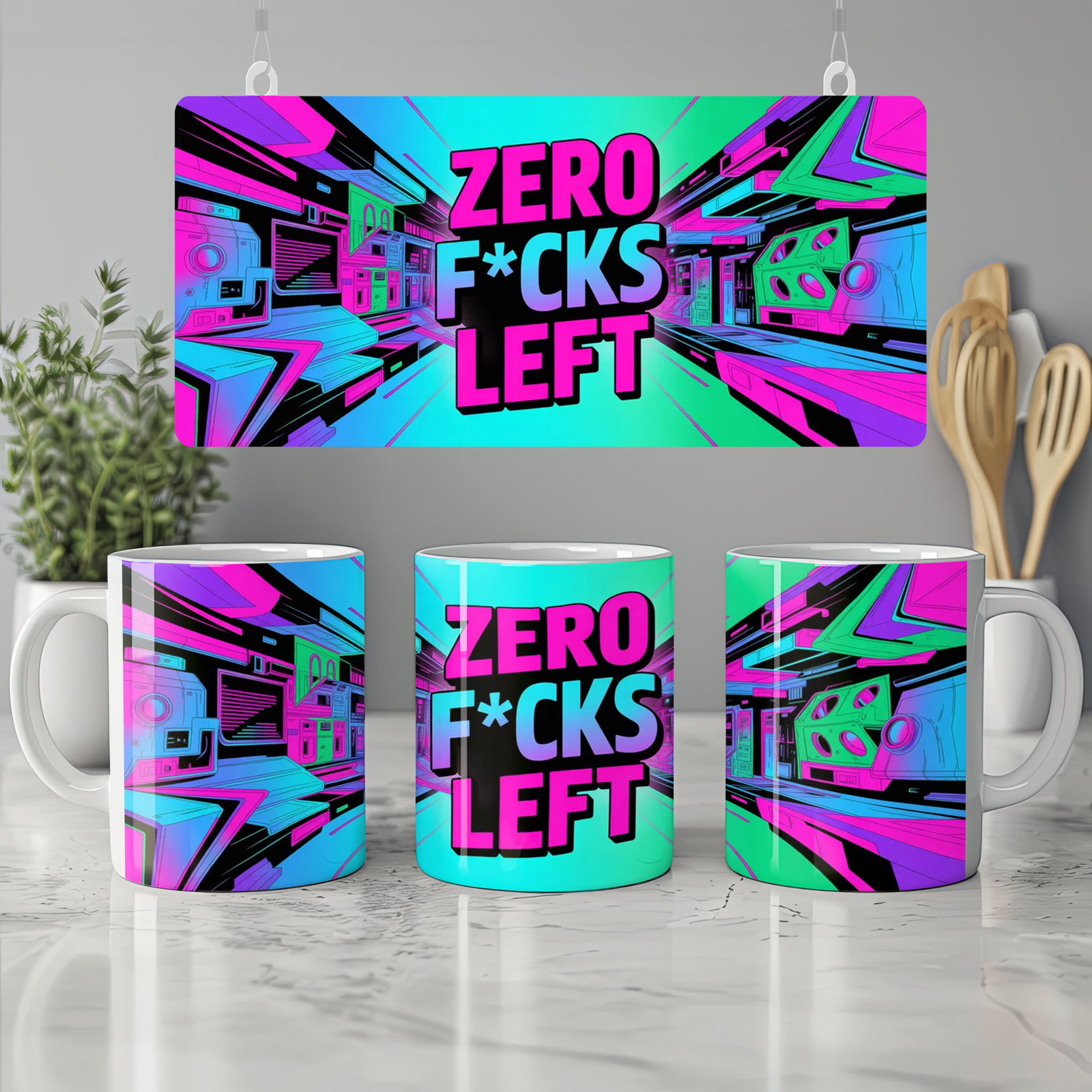 Zero Fucks Left Mug | Cyberpunk Neon Coffee Mug | Funny Rude Gift for Friends