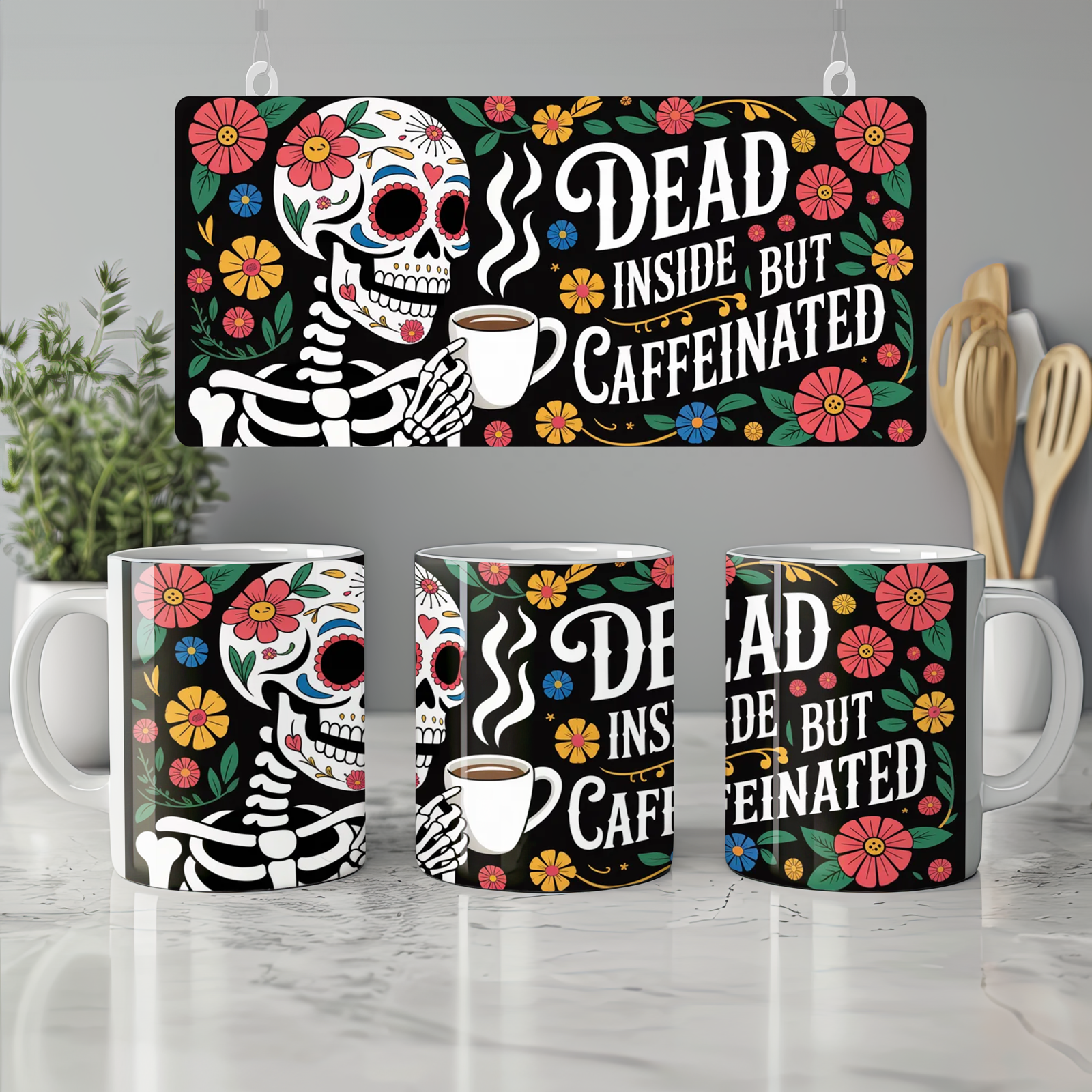 Dead Inside But Caffeinated Mug | Sugar Skull Skeleton Gift | Funny Gothic Coffee Cup | Witchy Present for Friends