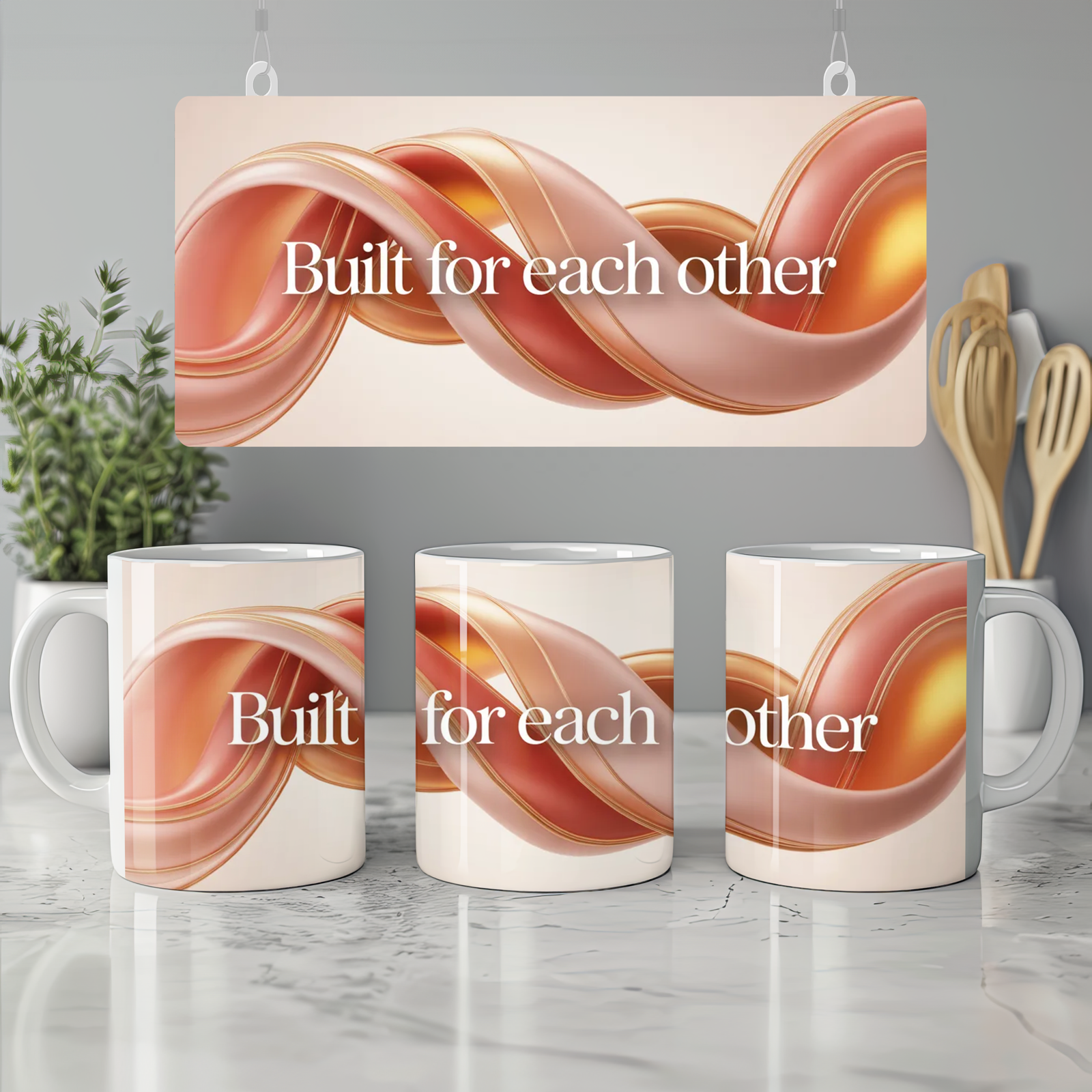 Anniversary Mug | Built For Each Other Romantic Gift | Couples Valentines Present | Abstract Interlocking Shapes Mug