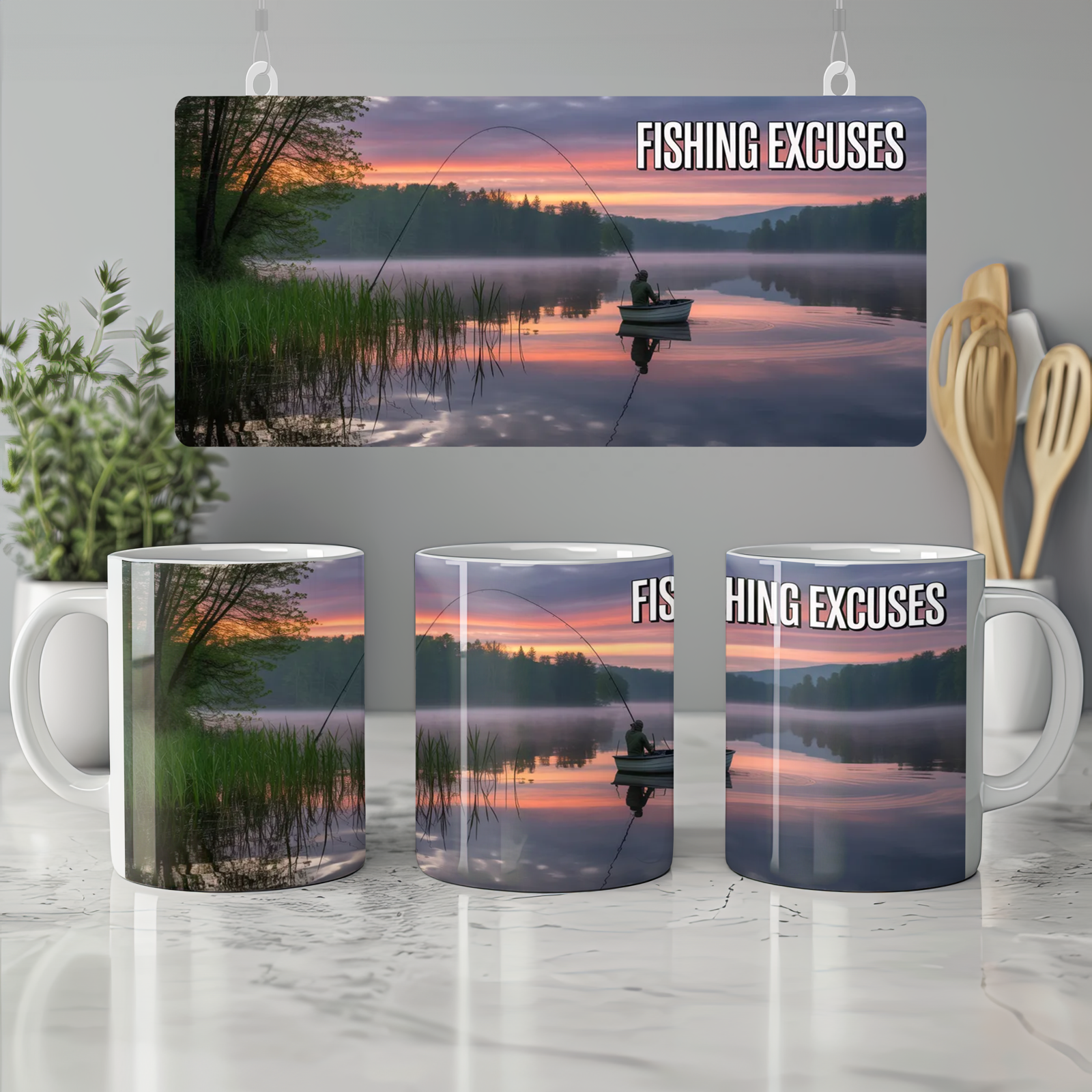 Fishing Excuses Mug | Lakeside Dawn Scene | Funny Fishing Gift for Him | Father's Day Dad Present