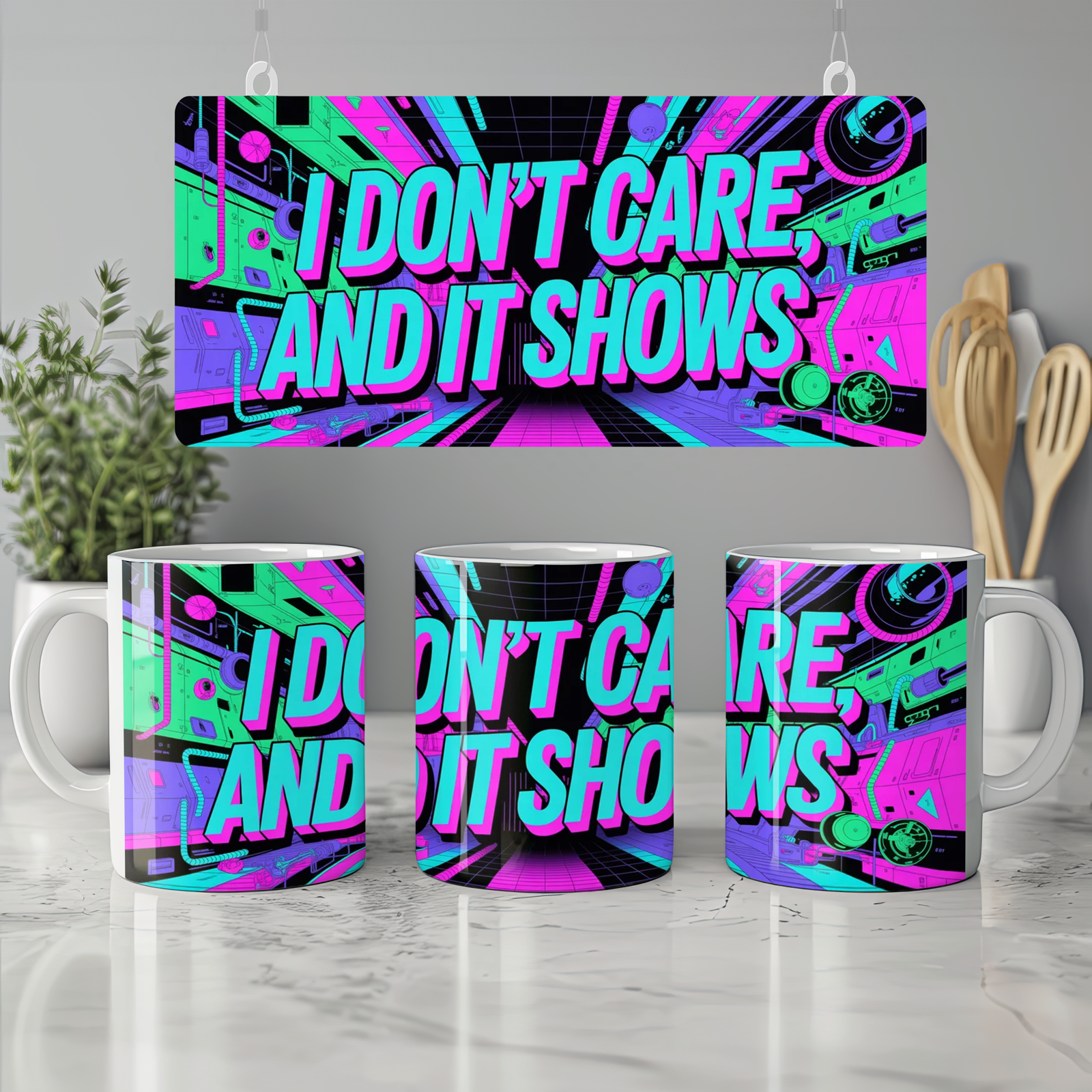 Cyberpunk Neon Sarcastic Mug | I Don't Care And It Shows | Funny Birthday Gift for Friends