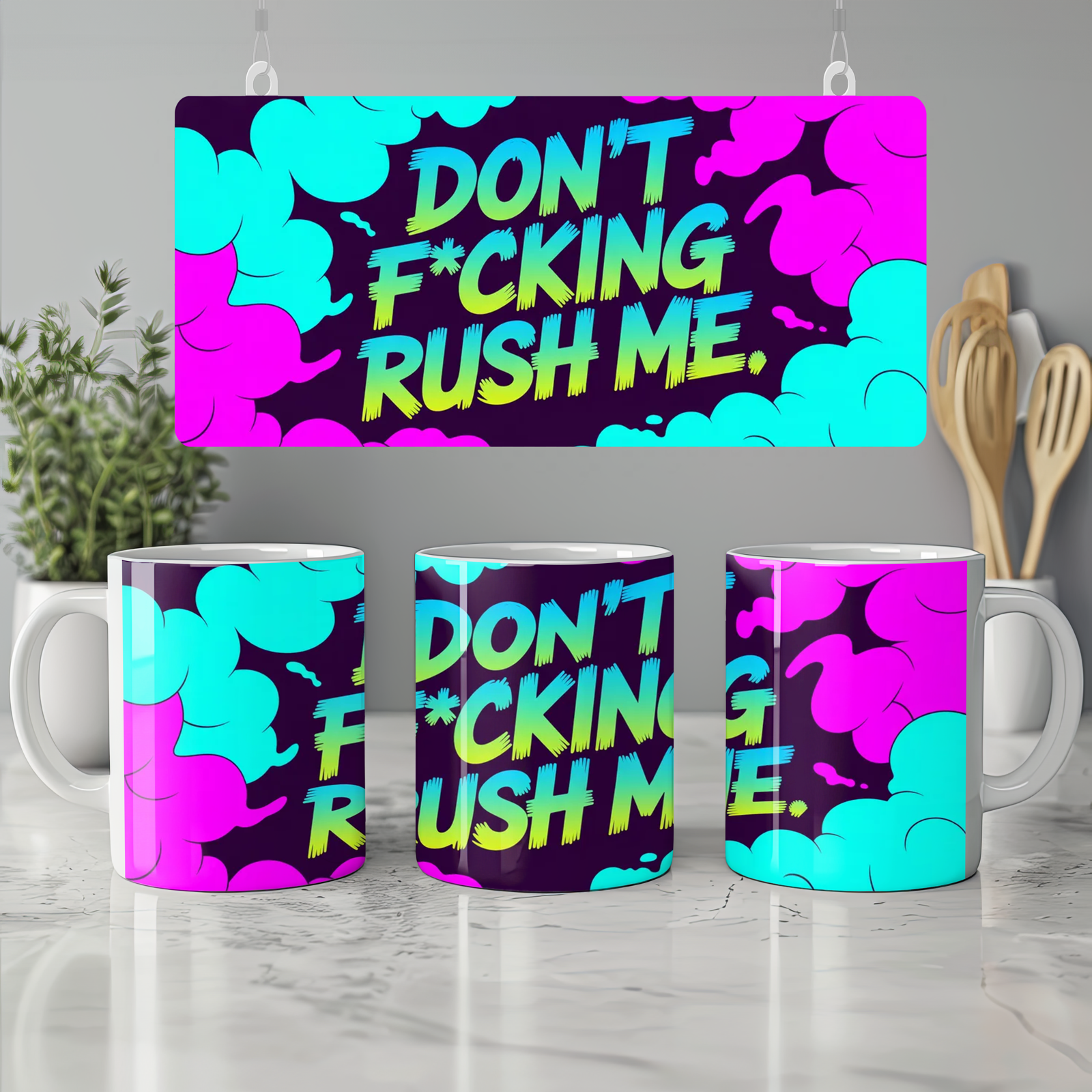 Don't Fucking Rush Me Mug | Sarcastic Quote Gift | Funny Rude Office Mug for Colleague | Neon Smoke Coffee Cup