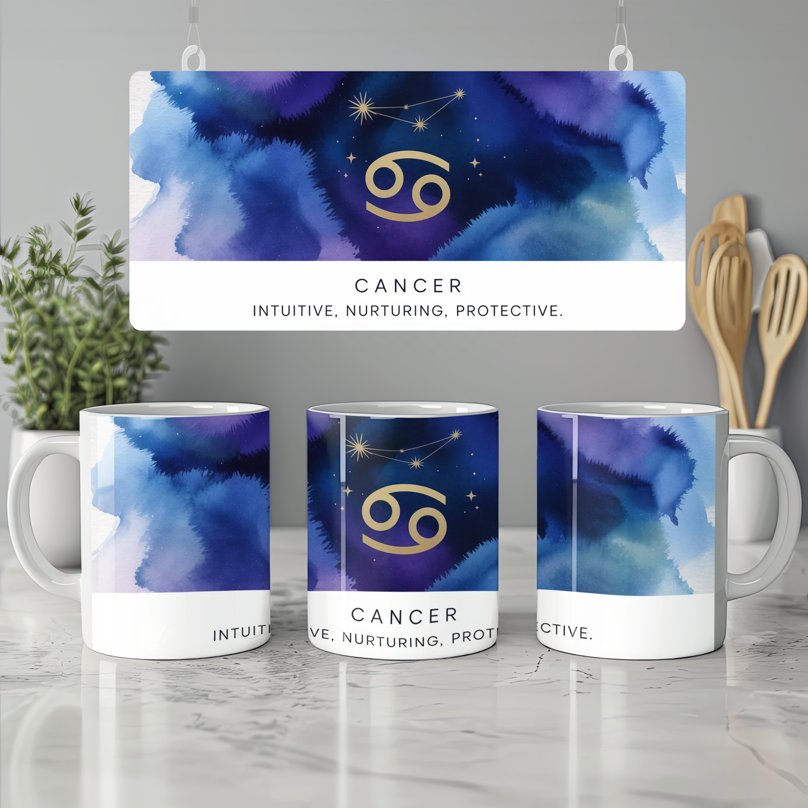 Cancer Zodiac Mug | Astrology Star Sign Gift | Celestial Watercolor Coffee Cup | Birthday Present for Her and Him