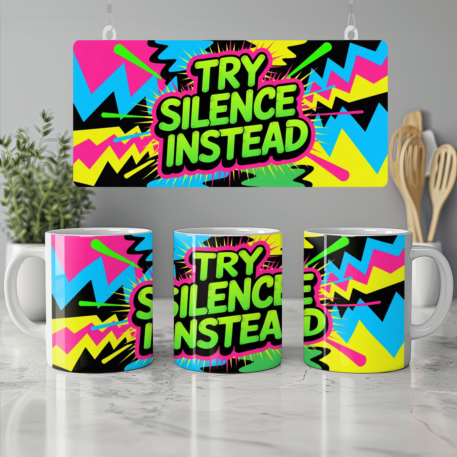 Try Silence Instead Mug | Sassy Quote Coffee Cup | Funny Office Gift for Colleague | Neon Graffiti Present