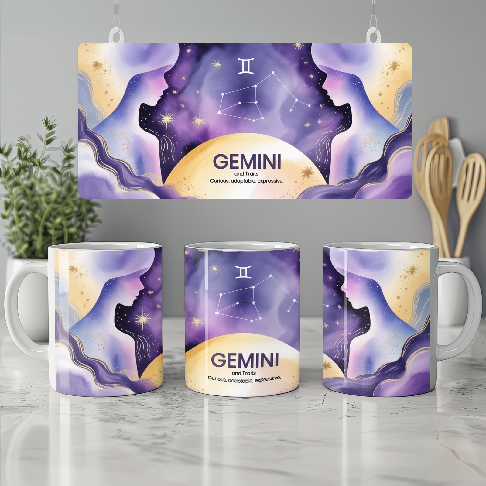 Gemini Zodiac Mug | Astrology Horoscope Gift | Watercolour Twin Constellation Design | Birthday Present for Her and Him