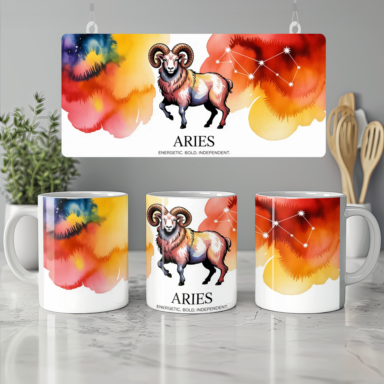 Aries Mug | Zodiac Ram Astrology Gift | Star Sign Birthday Present | Watercolor Constellation Mug