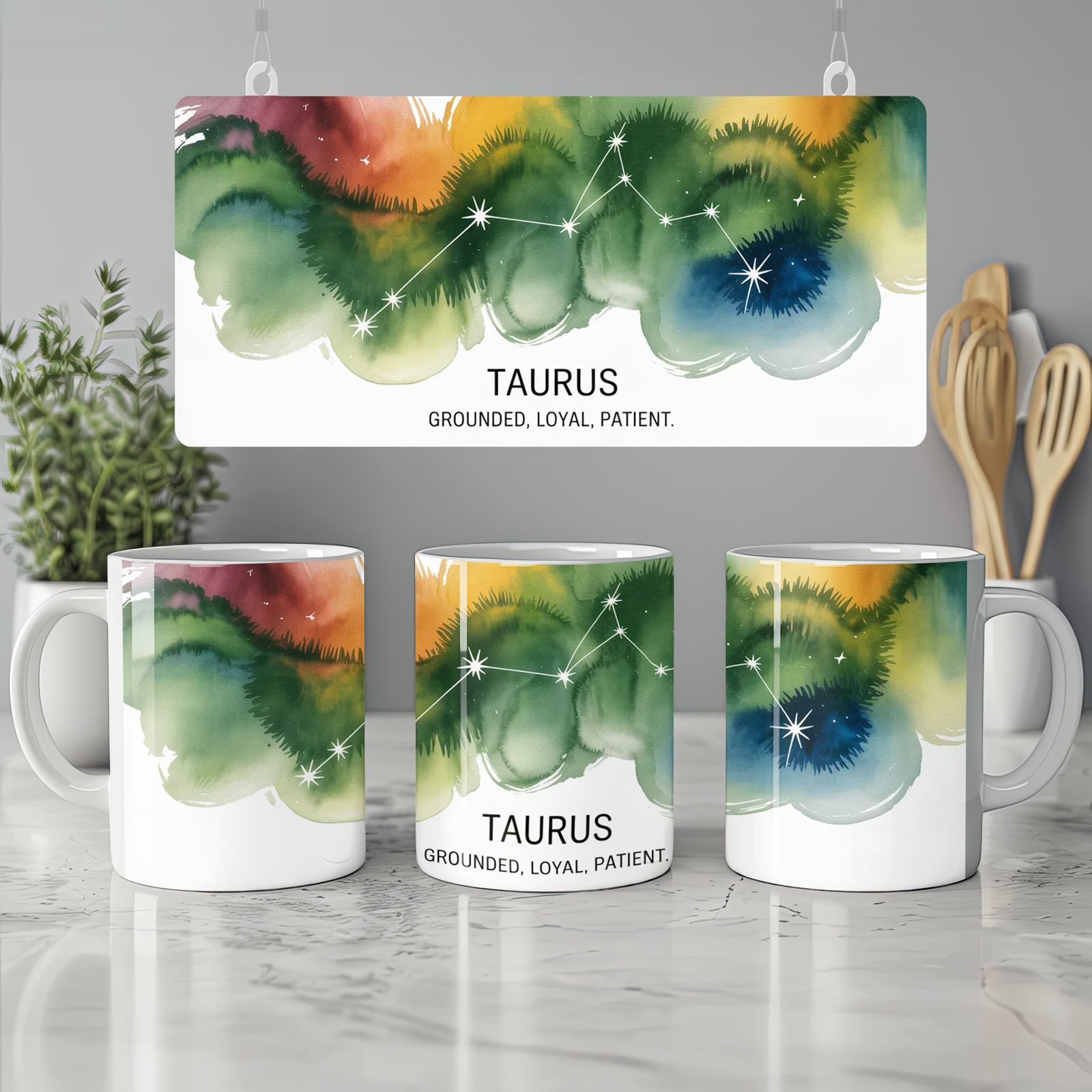 Taurus Zodiac Mug | Star Sign Birthday Gift | Constellation Astrology Present for Her or Him | Grounded Loyal Patient Watercolour Mug