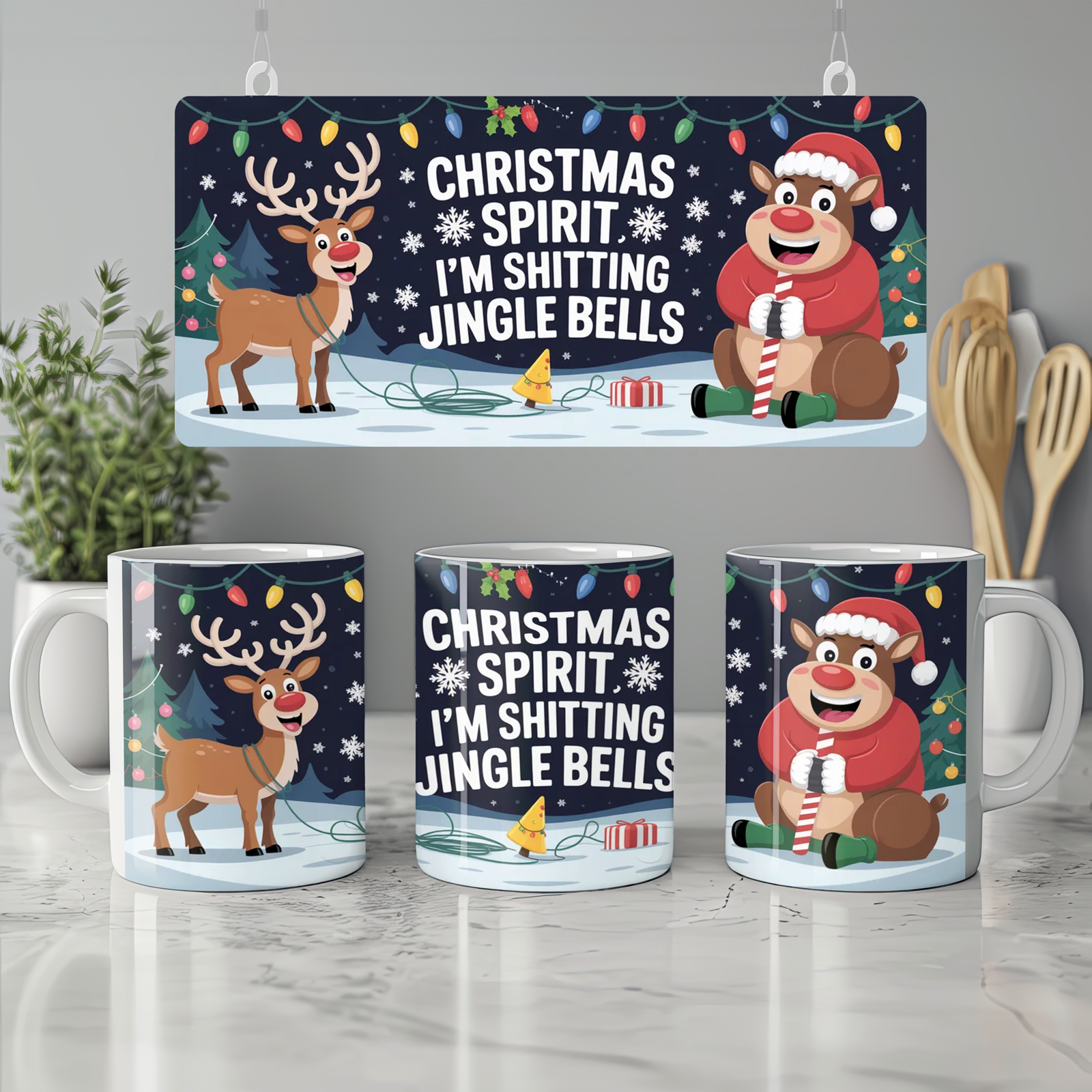 Funny Christmas Mug | Shitting Jingle Bells Reindeer Gift | Rude Festive Coffee Cup | Secret Santa Present for Best Friend
