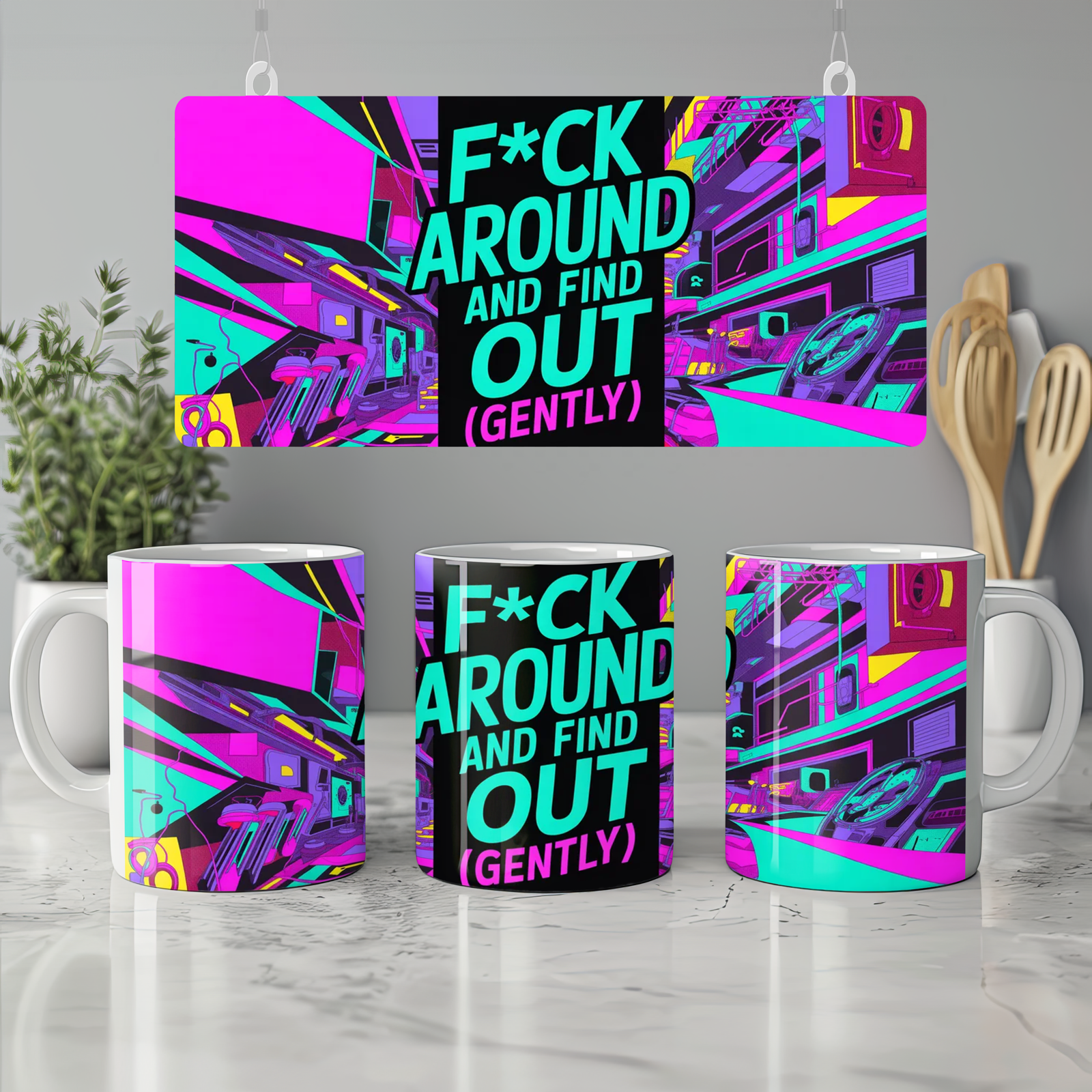 F Around and Find Out Mug | Cyberpunk Neon Quote Mug | Funny Rude Gift for Best Friend | Modern Birthday Present for Him or Her