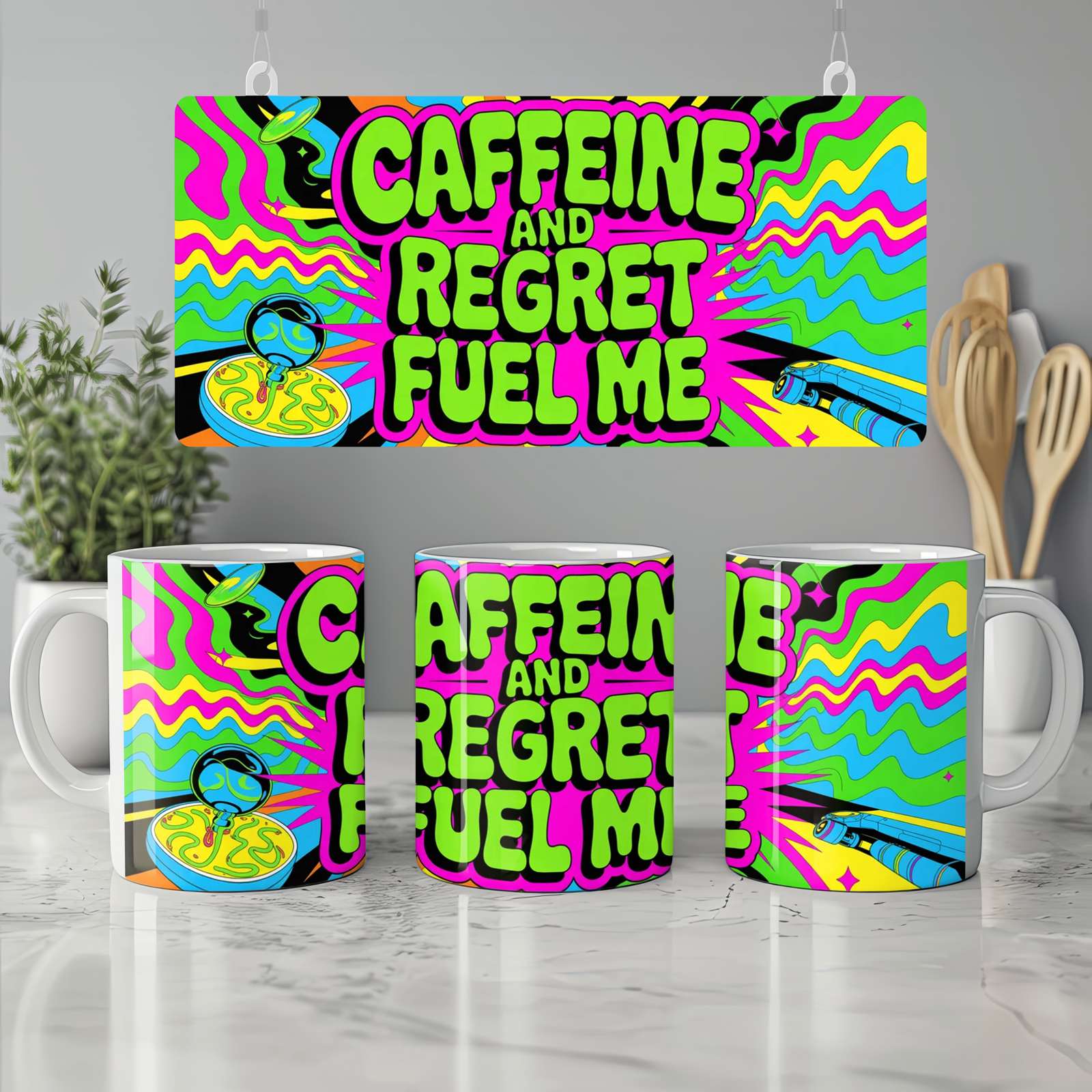 Caffeine And Regret Fuel Me Mug | Funny Sarcastic Coffee Mug | Psychedelic Neon Gift for Best Friend | Sarcasm Colleague Present