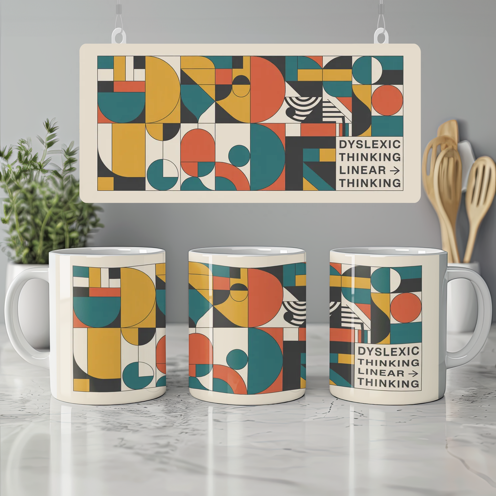 Dyslexic Thinking Mug | Bauhaus Geometric Style | Neurodiversity Gift | Graduation and Colleague Present