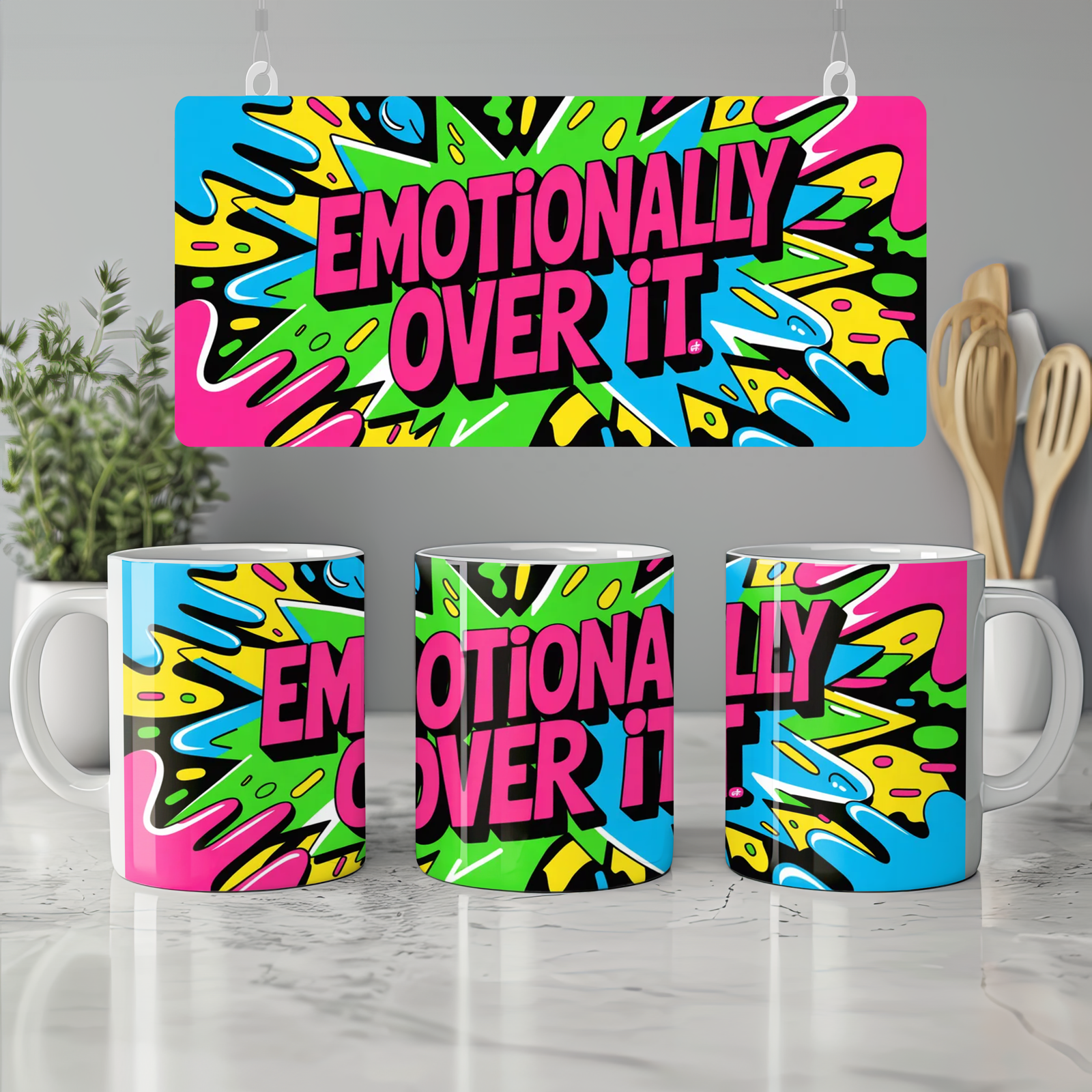 Emotionally Over It Mug | Neon Graffiti Sarcastic Gift | Funny Coffee Mug for Friends