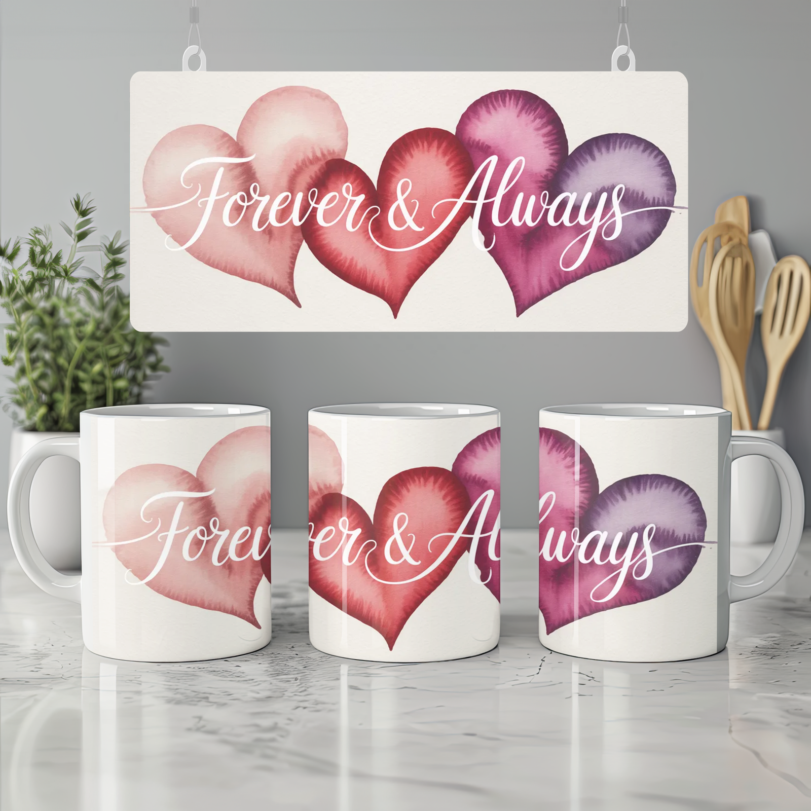 Forever & Always Mug | Watercolour Hearts Love Gift | Romantic Anniversary Present | Valentines Mug for Husband Wife or Couple