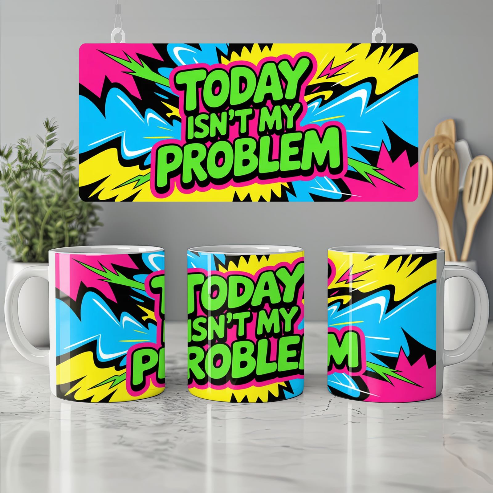 Today Isn't My Problem Mug | Sarcastic Colleague Gift | Funny Leaving Mug | Neon Graffiti Design