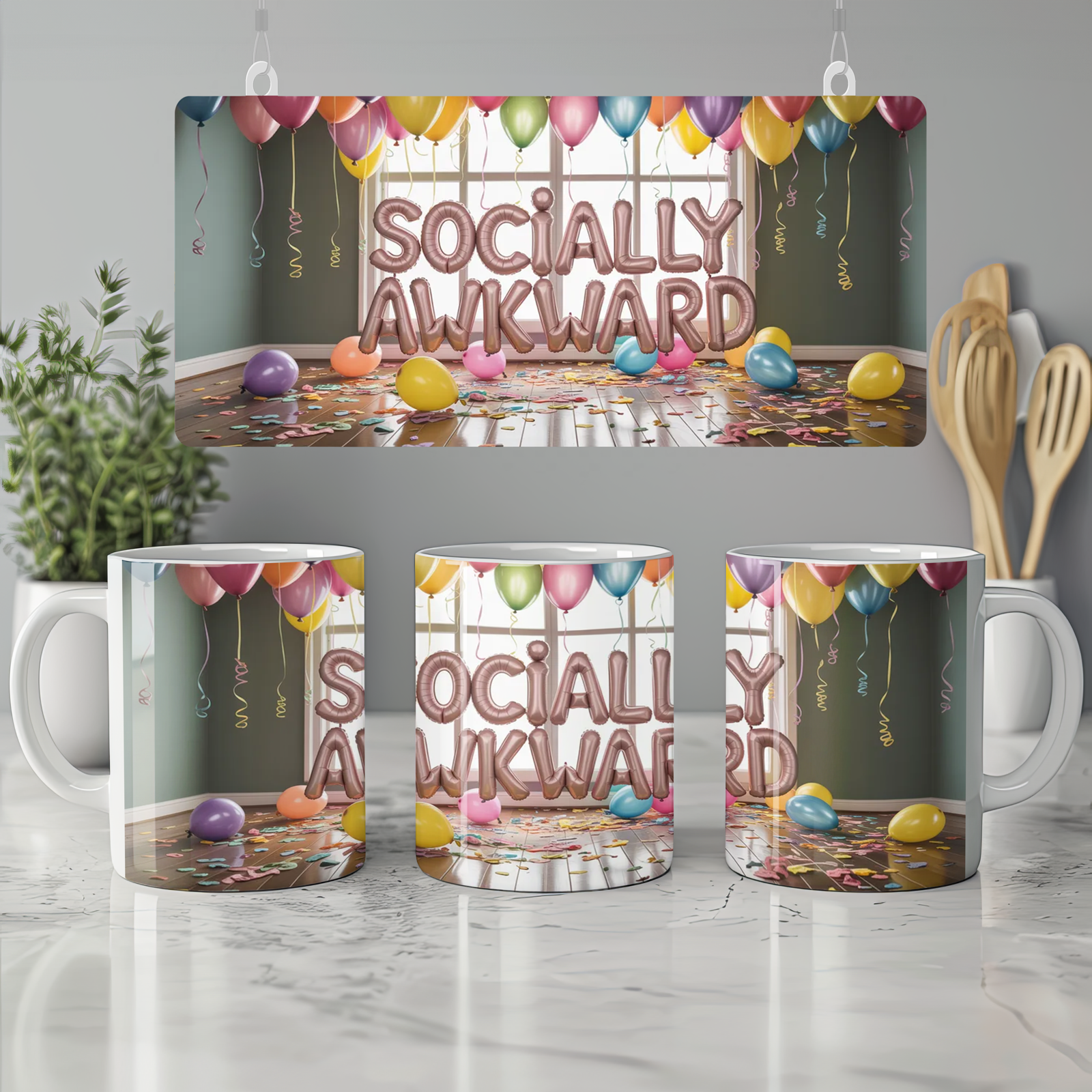 Socially Awkward Mug | Introvert Gift | Funny Birthday Present for Best Friend | Muted Party Balloon Design