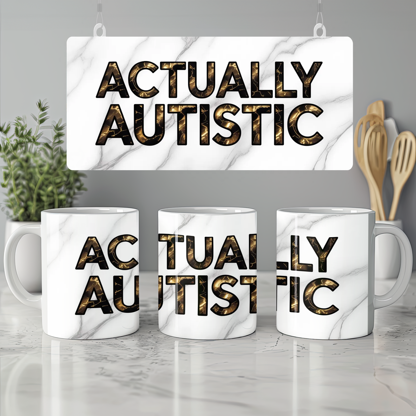 Actually Autistic Mug | Gold Marble Neurodiversity Gift | Autistic Pride Present | Minimalist Positivity Mug