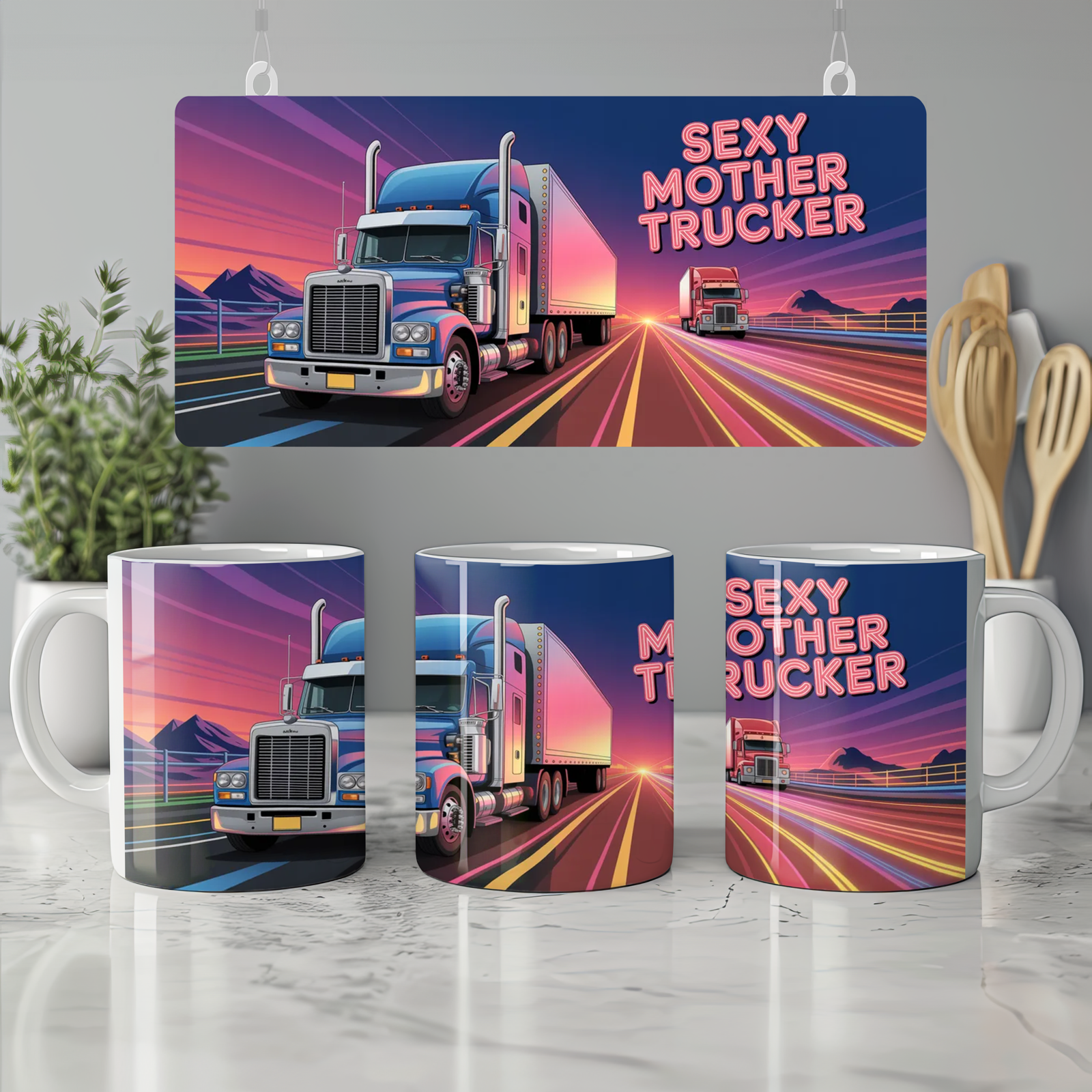 Sexy Mother Trucker Mug | Funny Mum Gift | Rude Birthday Present for Her | Neon Highway Trucker Scene Coffee Cup
