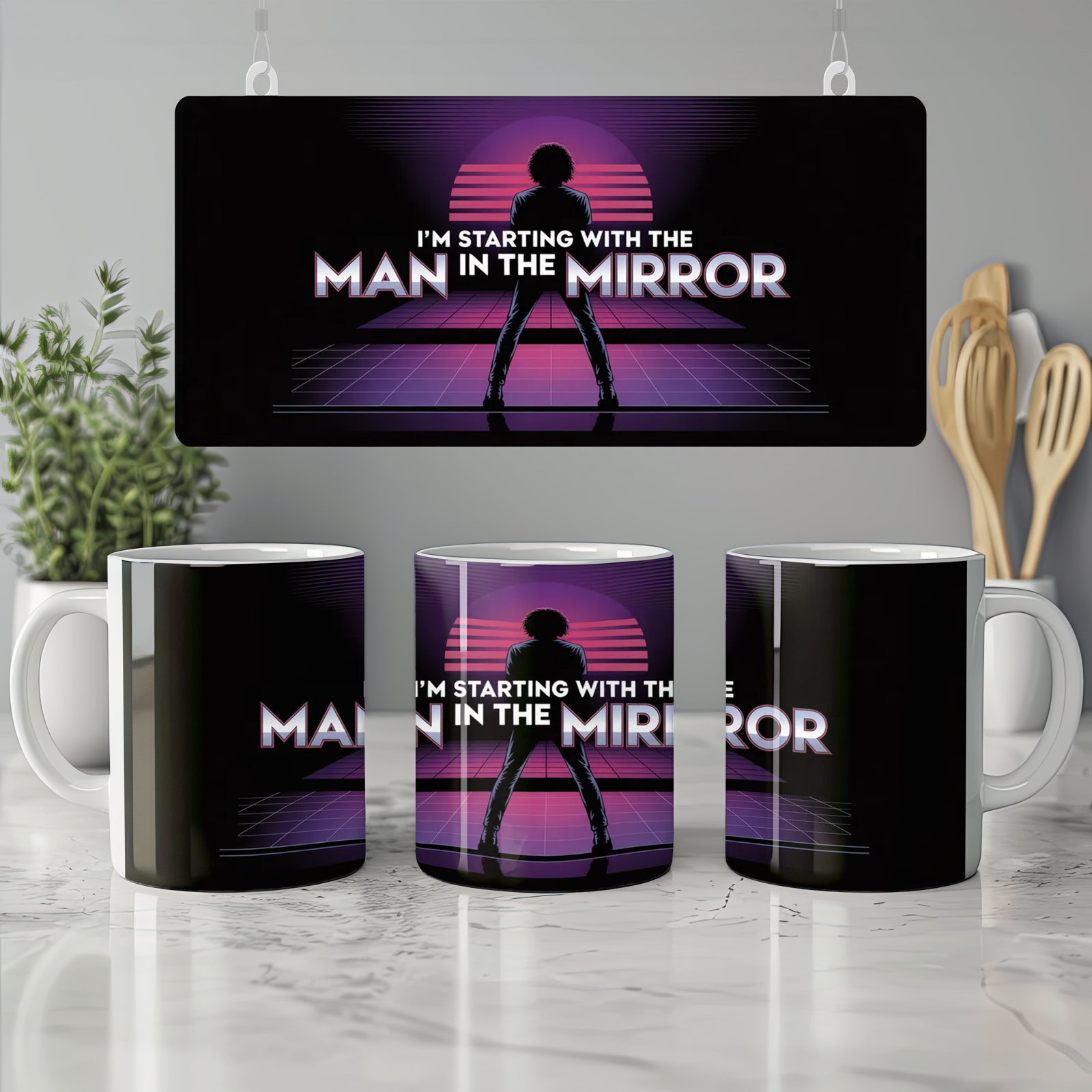 MJ The Musical Mug | Man in the Mirror Synthwave Quote | Musical Theatre Gift | Retro 80s West End Present for Him or Her