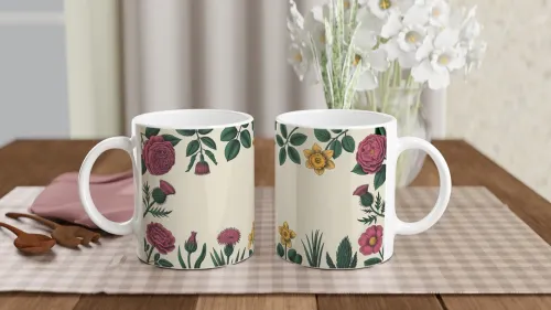 Vintage Botanical Floral Border Mug - Roses Thistles and Daffodils