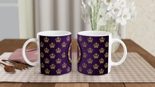 Royal Purple and Gold Crown Pattern Mug with O…