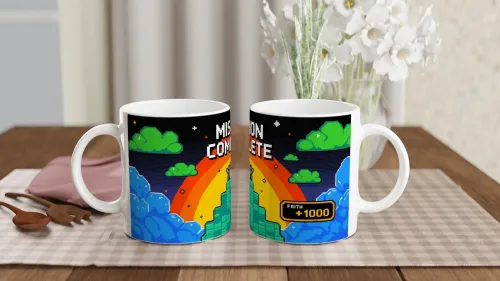 Mission Complete Faith +1000 Retro Pixel Art Christian Mug