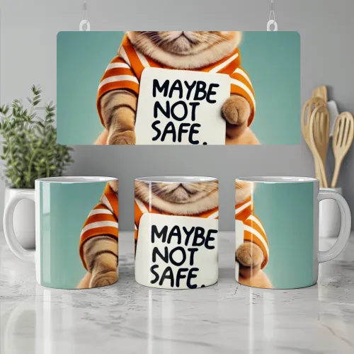 Funny Cat Holding Maybe Not Safe Sign Mug