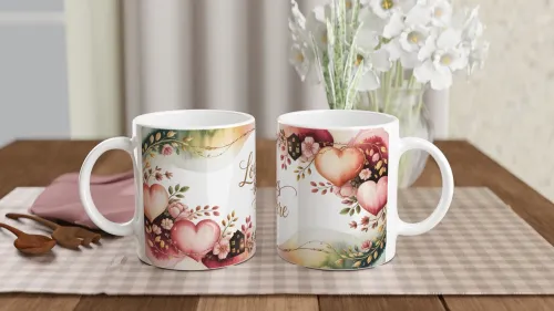 Love Lives Here Watercolour Hearts & Flowers Mug