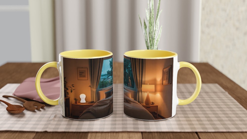 Tired But Trying - Cozy Rainy Bedroom Mug — view 8