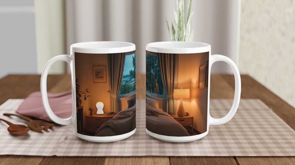 Tired But Trying - Cozy Rainy Bedroom Mug — view 2