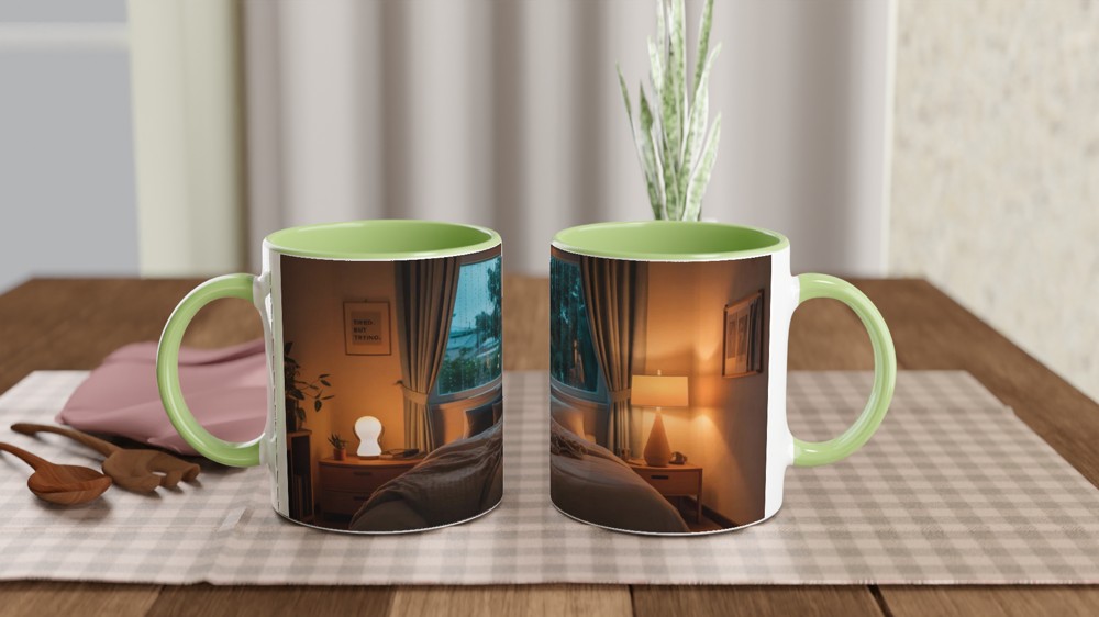 Tired But Trying - Cozy Rainy Bedroom Mug — view 5