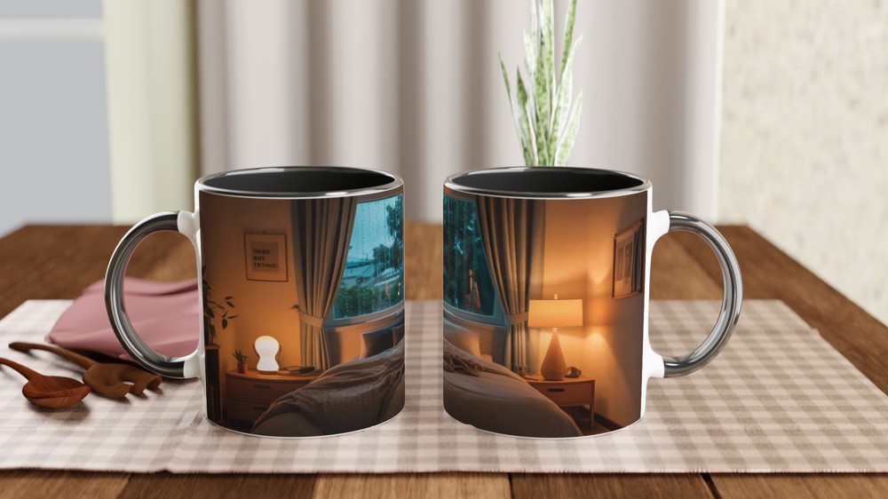 Tired But Trying - Cozy Rainy Bedroom Mug — view 9