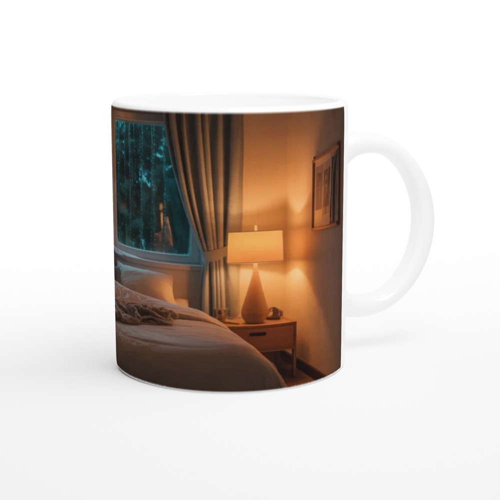 Tired But Trying - Cozy Rainy Bedroom Mug — view 12