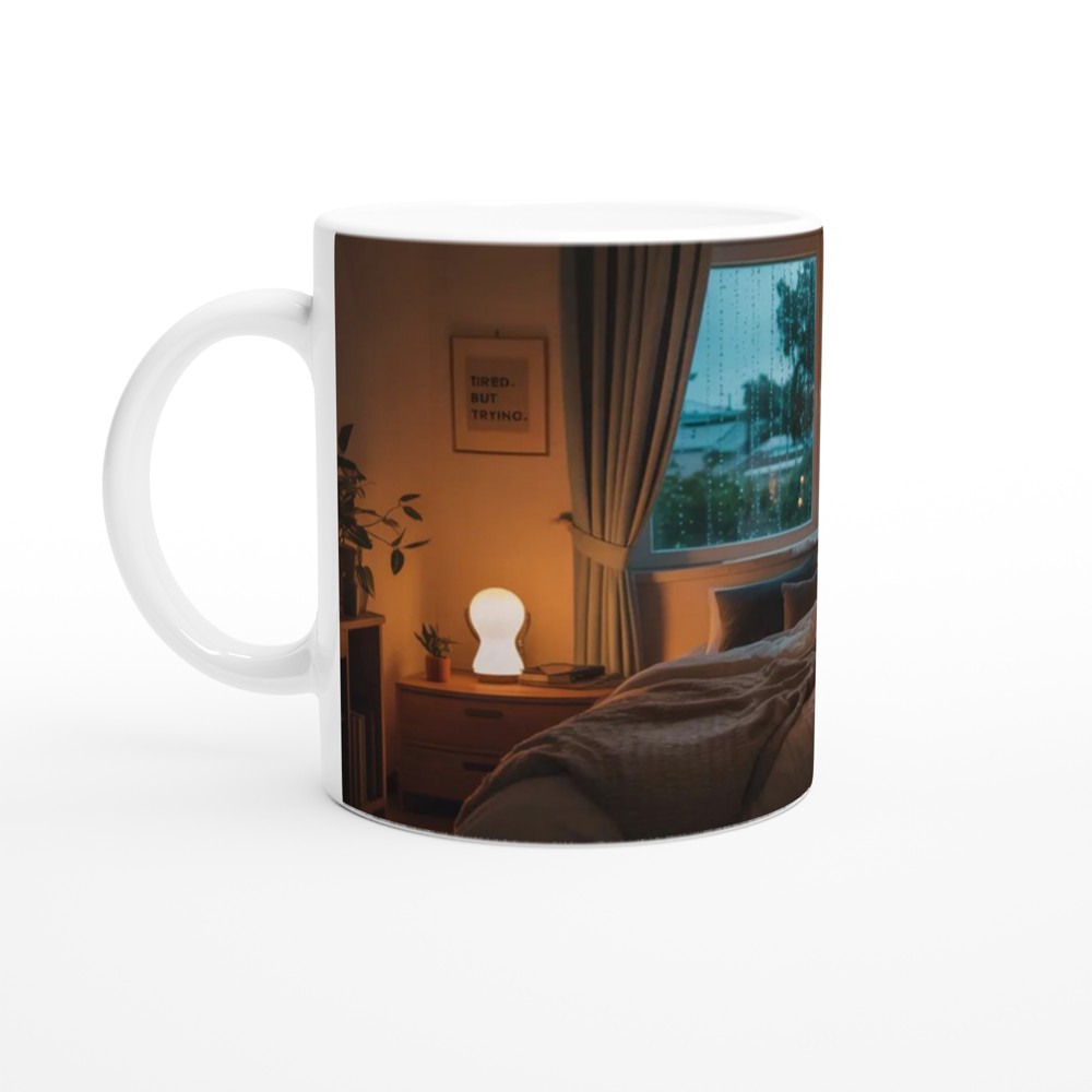 Tired But Trying - Cozy Rainy Bedroom Mug — view 10