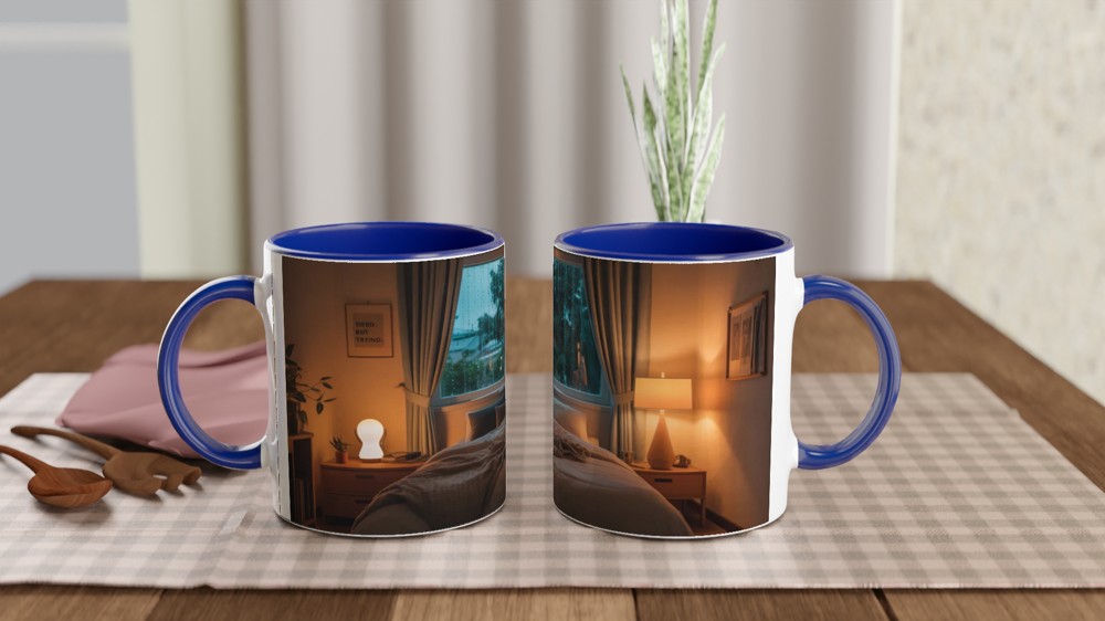 Tired But Trying - Cozy Rainy Bedroom Mug — view 4