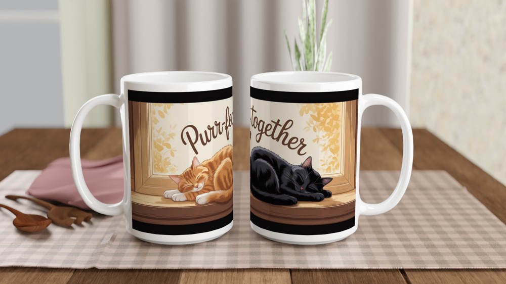 Cat Lover Mug | Purr-fect Together Quote | Cute Couple Anniversary Gift | Sleeping Cats Windowsill Mug | Valentines Present for Her or Him — view 2