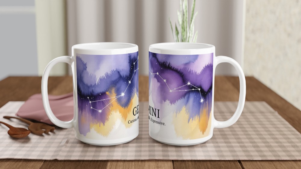 Gemini Zodiac Mug | Celestial Constellation Gift | Birthday Present for Best Friend, Her or Him | Watercolour Astrology Mug — view 2