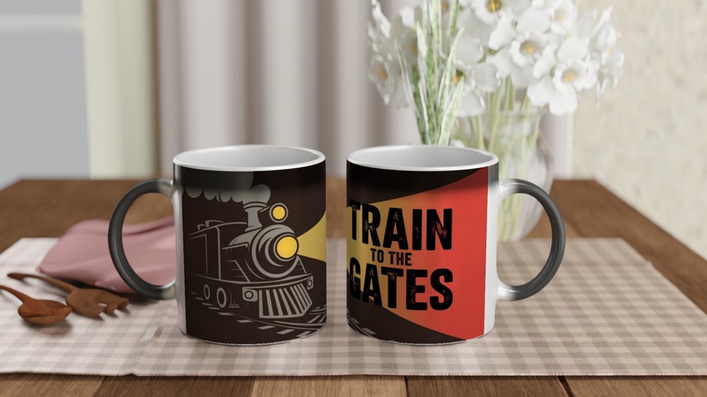 Hadestown Mug | 'Train To The Gates' Quote | Musical Theatre Gift | Industrial Train Design for Theatre Lovers — view 3