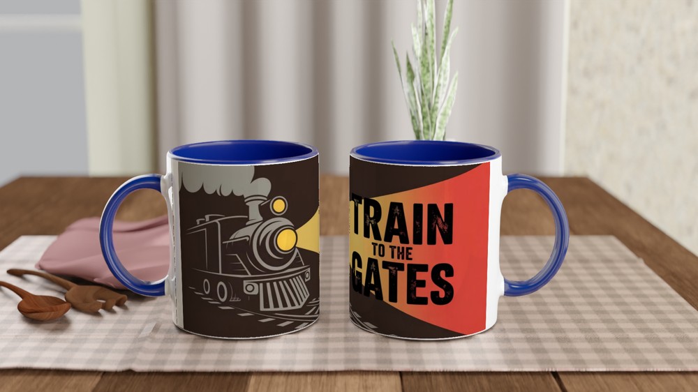 Hadestown Mug | 'Train To The Gates' Quote | Musical Theatre Gift | Industrial Train Design for Theatre Lovers — view 4