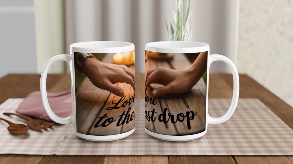 Love You To The Last Drop Mug | Romantic Valentine's Day Gift | Anniversary Mug for Husband or Wife | Candlelit Hands Design — view 2