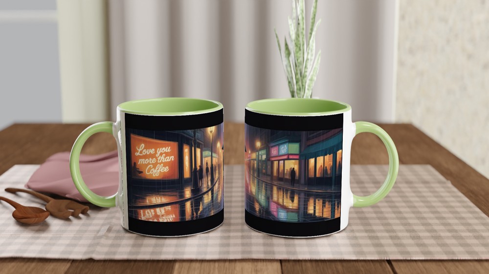 Love You More Than Coffee Mug | Romantic Anniversary Gift | Rainy City Street Illustration | Valentines Present for Husband or Wife — view 5