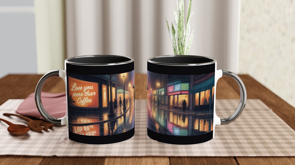Love You More Than Coffee Mug | Romantic Anniversary Gift | Rainy City Street Illustration | Valentines Present for Husband or Wife — view 9