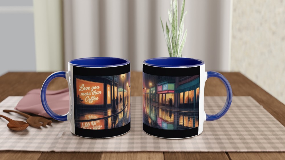 Love You More Than Coffee Mug | Romantic Anniversary Gift | Rainy City Street Illustration | Valentines Present for Husband or Wife — view 4
