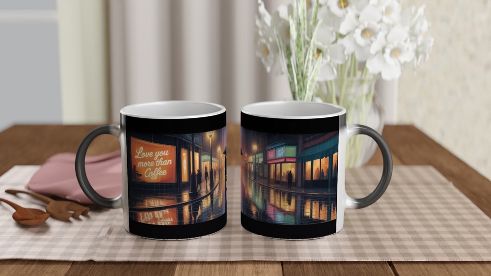Love You More Than Coffee Mug | Romantic Anniversary Gift | Rainy City Street Illustration | Valentines Present for Husband or Wife — view 3