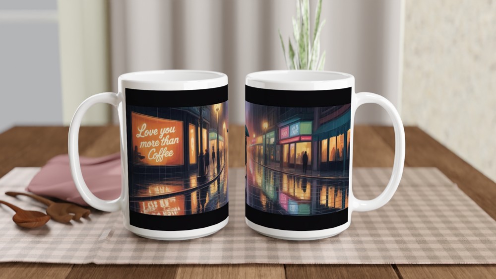 Love You More Than Coffee Mug | Romantic Anniversary Gift | Rainy City Street Illustration | Valentines Present for Husband or Wife — view 2
