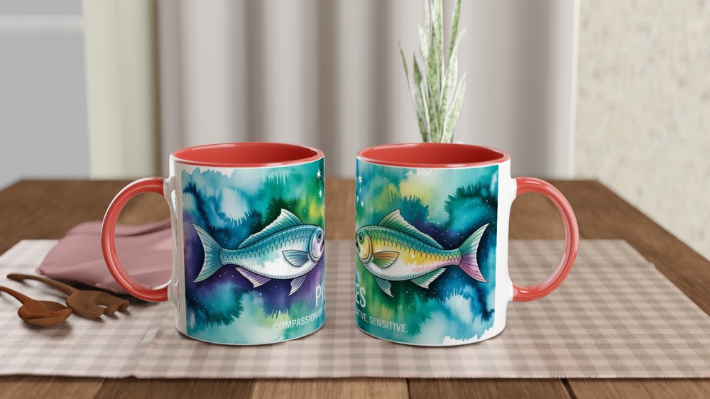 Pisces Mug | Watercolour Zodiac Star Sign Gift | Astrology Present for Best Friend | Celestial Two Fish Design — view 7