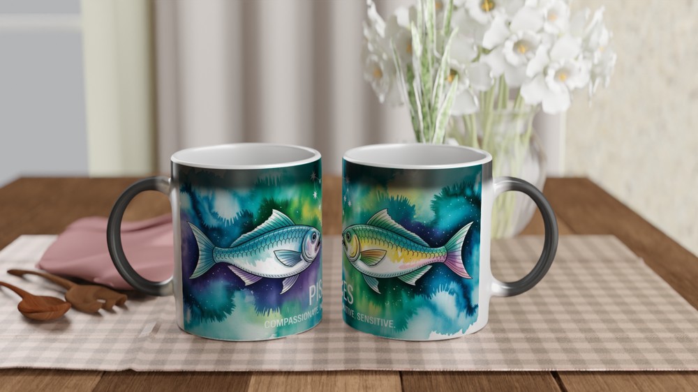 Pisces Mug | Watercolour Zodiac Star Sign Gift | Astrology Present for Best Friend | Celestial Two Fish Design — view 3
