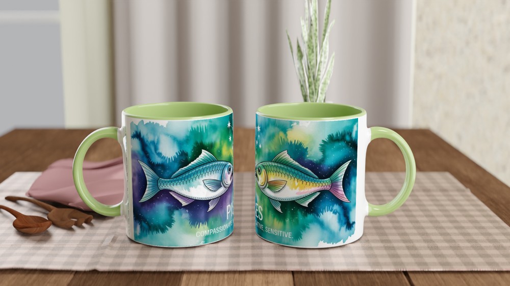 Pisces Mug | Watercolour Zodiac Star Sign Gift | Astrology Present for Best Friend | Celestial Two Fish Design — view 5