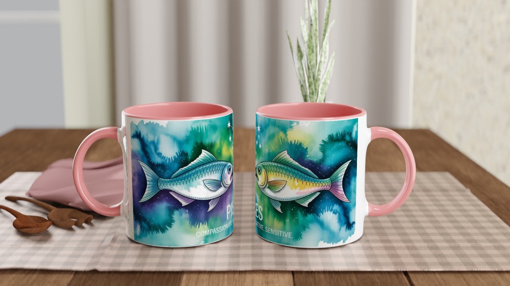 Pisces Mug | Watercolour Zodiac Star Sign Gift | Astrology Present for Best Friend | Celestial Two Fish Design — view 6