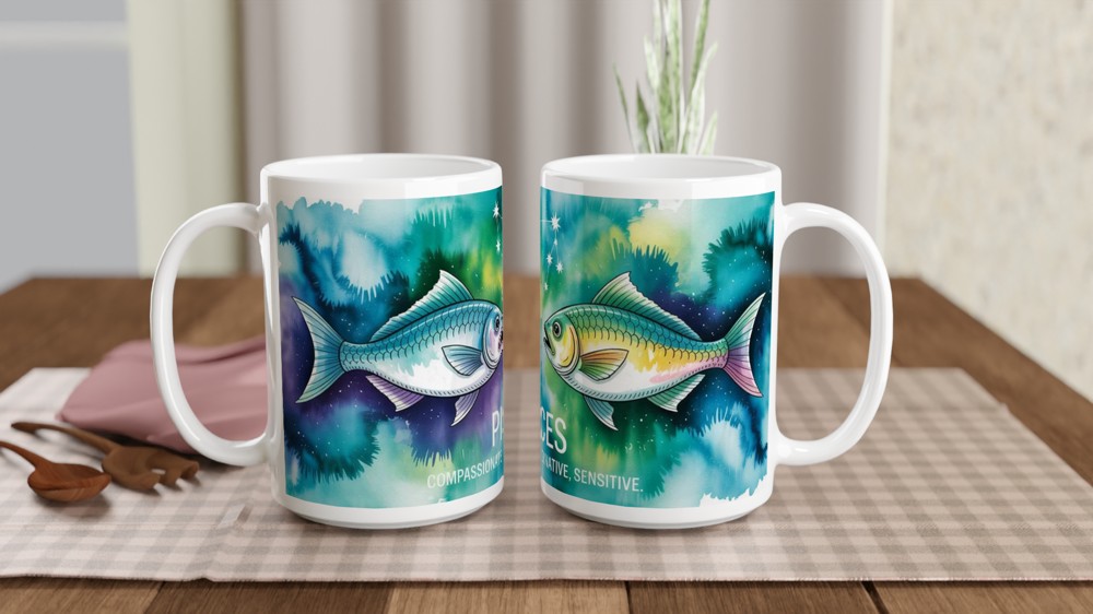 Pisces Mug | Watercolour Zodiac Star Sign Gift | Astrology Present for Best Friend | Celestial Two Fish Design — view 2